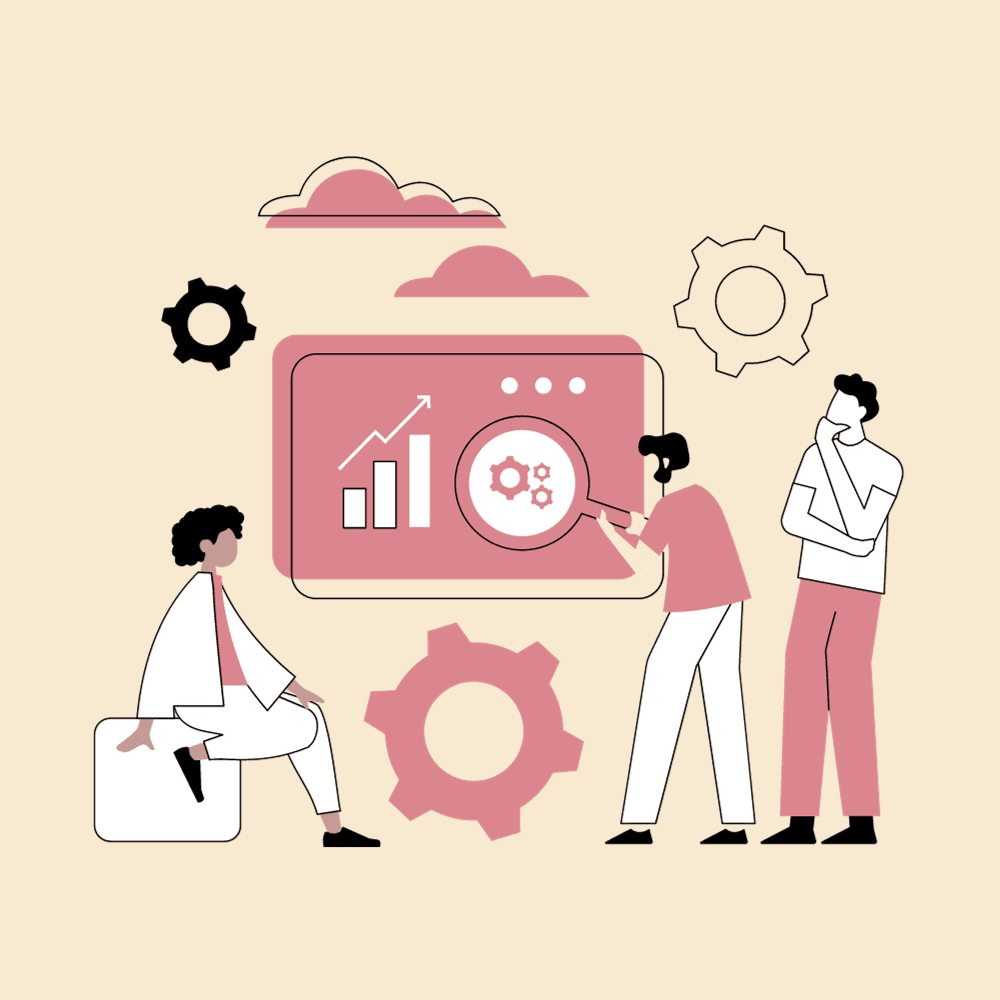 A cartoon of a team working on a screen with a bar graph, a pie chart and gears surrounding them