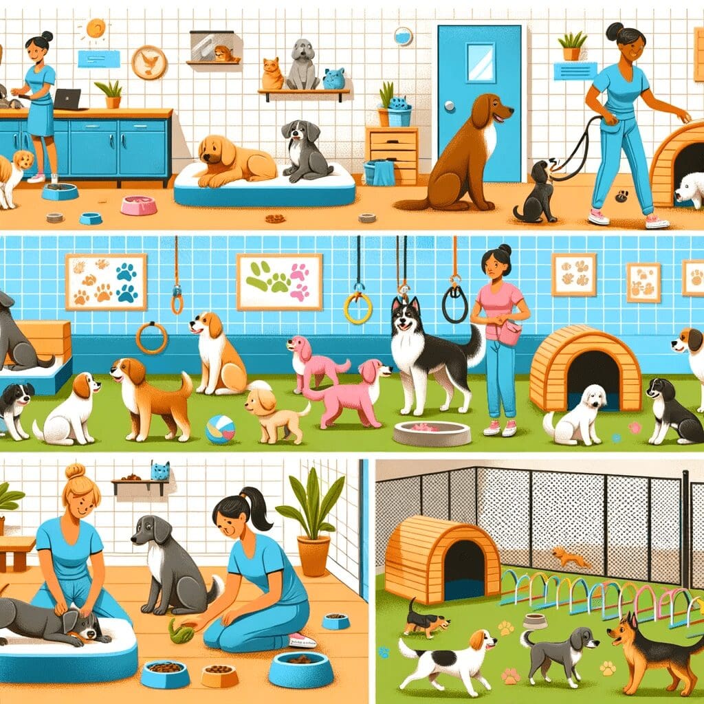 An illustration of a lively doggy daycare interior where dogs are indulging in different playful and resting activities, with caregivers interacting with them