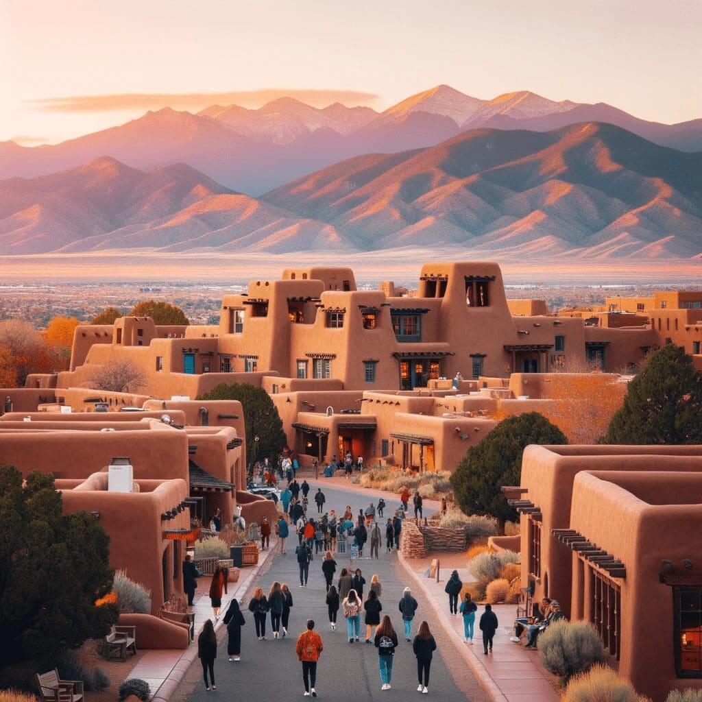 A photo showcasing the picturesque Santa Fe landscape at sunset, with its unique Pueblo-style architecture and the Sangre de Cristo Mountains in the backdrop