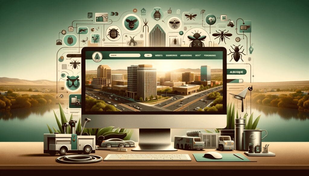 A desktop open on a pest control website featuring downtown Albuquerque. Little bugs and pests circle the desktop 