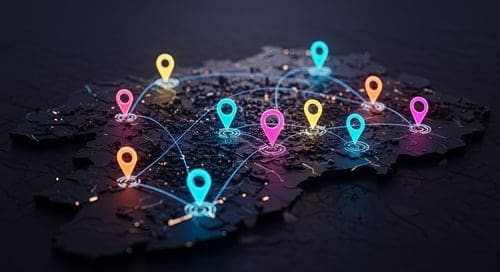 A map with many colorful pins on it